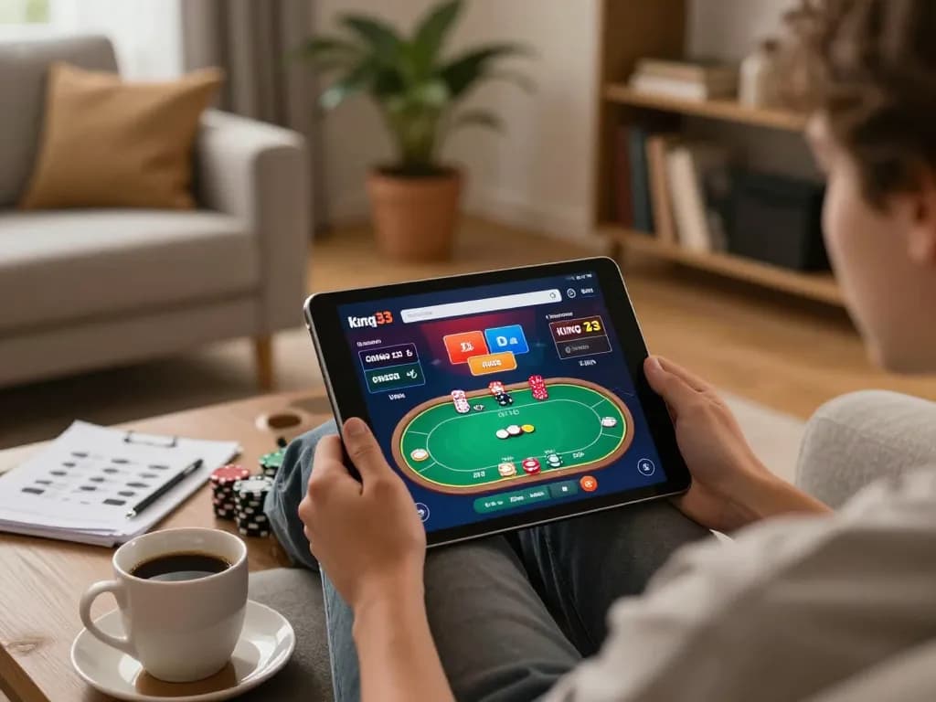 player engaging with the king33 casino app on a tablet in a cozy home setting