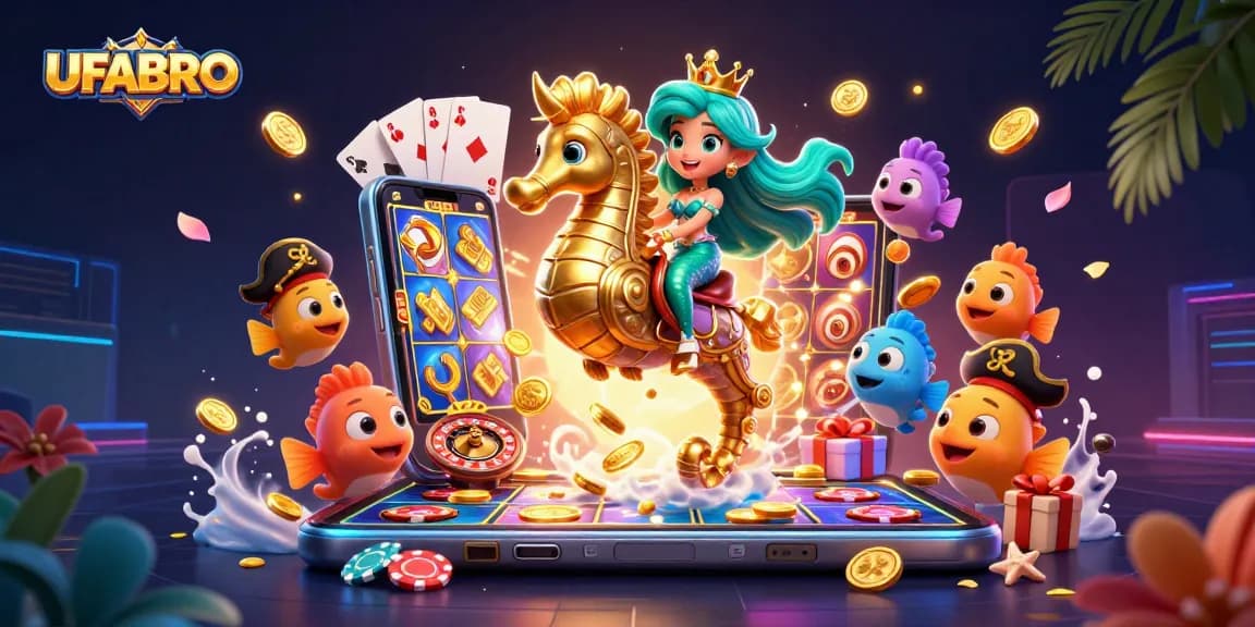 Experience the thrill of UFABRO with a vibrant 3D casino illustration featuring games and characters.