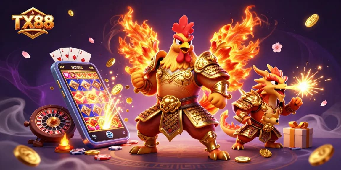 Win big with TX88 in this vibrant casino scene featuring a dynamic rooster warrior and dragon hatchling.