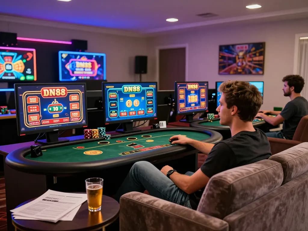 Player engaging with DN88 casino app on multiple screens at home, highlighting immersive online gaming.