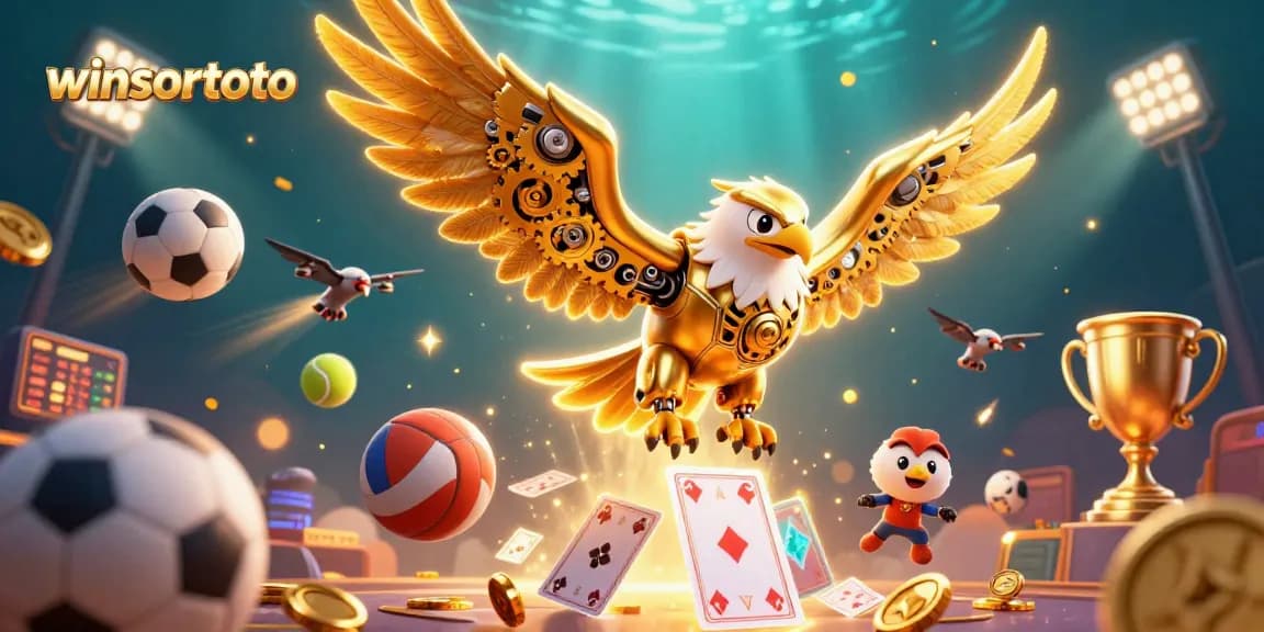 Experience thrilling wins with winsortoto featuring a cybernetic eagle among dynamic sports and casino elements.