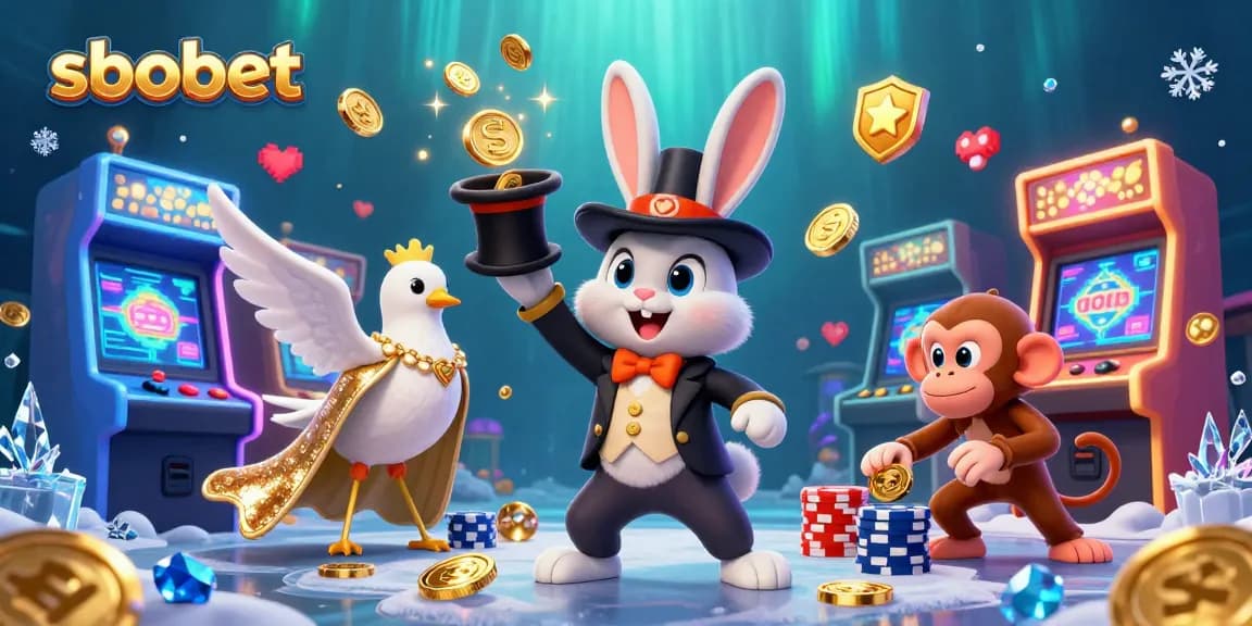 Experience sbobet's thrilling magic with a rabbit pulling coins in a vibrant casino scene.