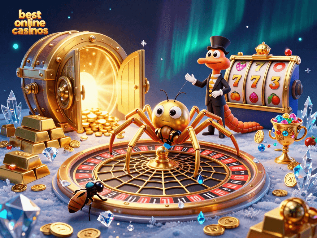 Engage with the best online casinos as a golden spider spins a roulette wheel themed web, capturing the thrill of play.