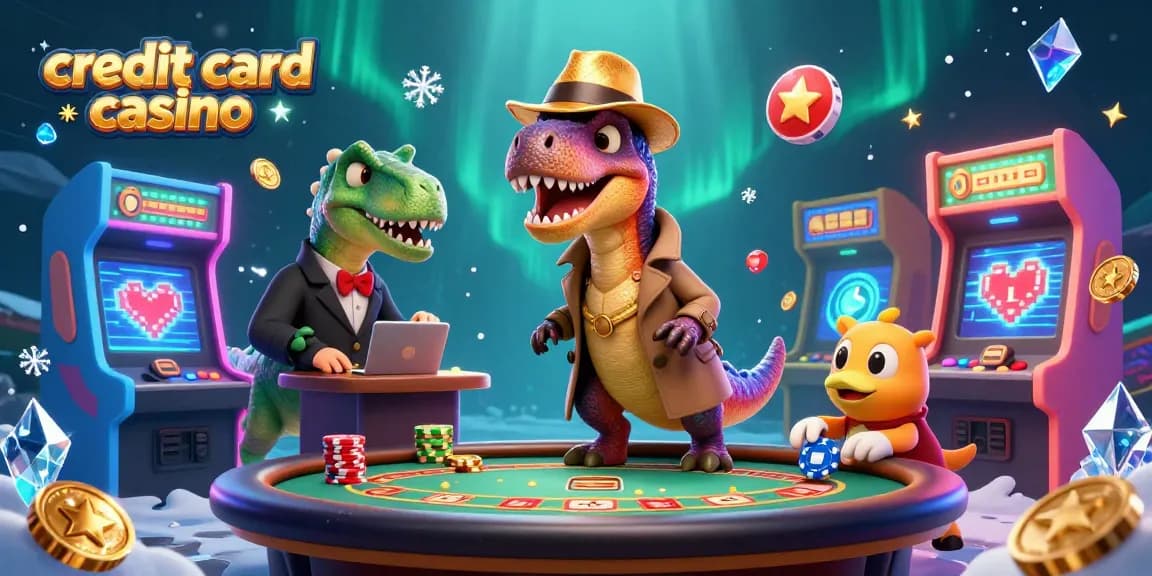 Experience the excitement of a credit card casino with a unique 3D gaming scene featuring playful dinosaurs.