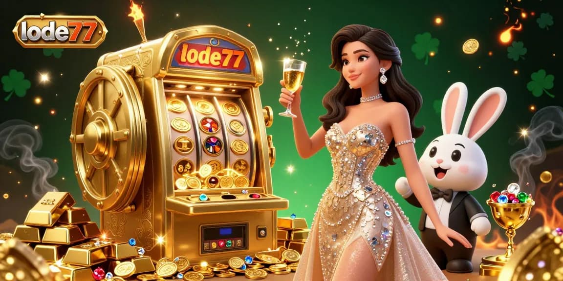 Engage in thrilling casino action at lode777, surrounded by treasures and rewards in this vibrant illustration.