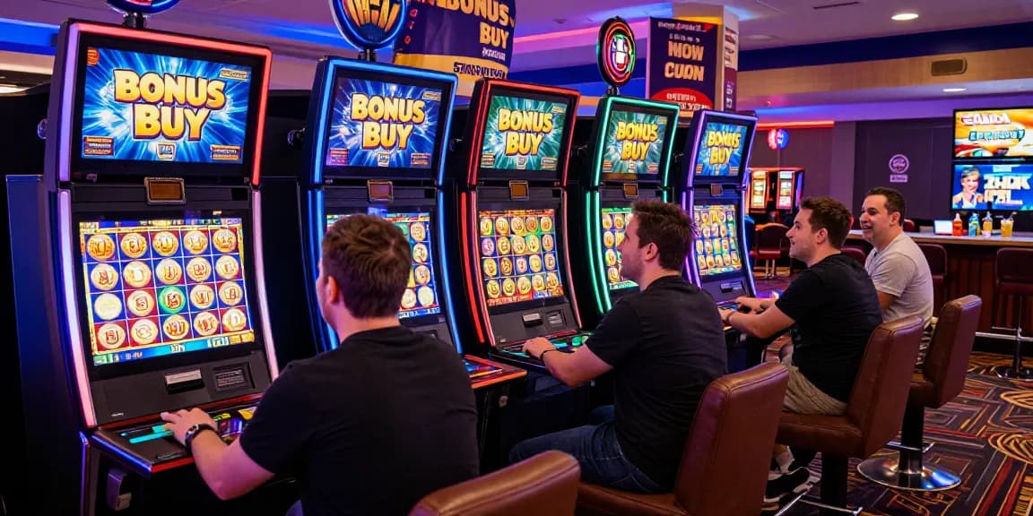 Excited players at chagency.co.uk exploring Bonus Buy slots in a lively casino atmosphere.