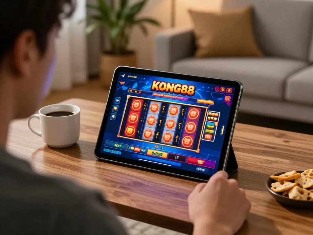 KONG88 user engaging in an online slot game on a tablet in a cozy home setting.