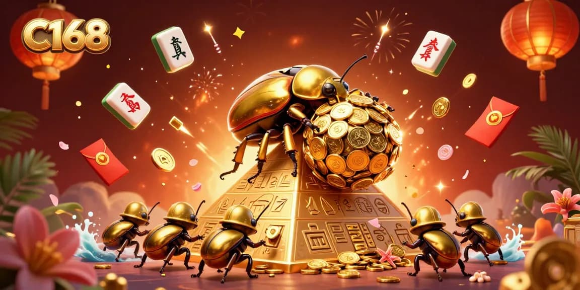 Engage with C168's games while watching a beetle roll golden coins in this 3D casino scene.