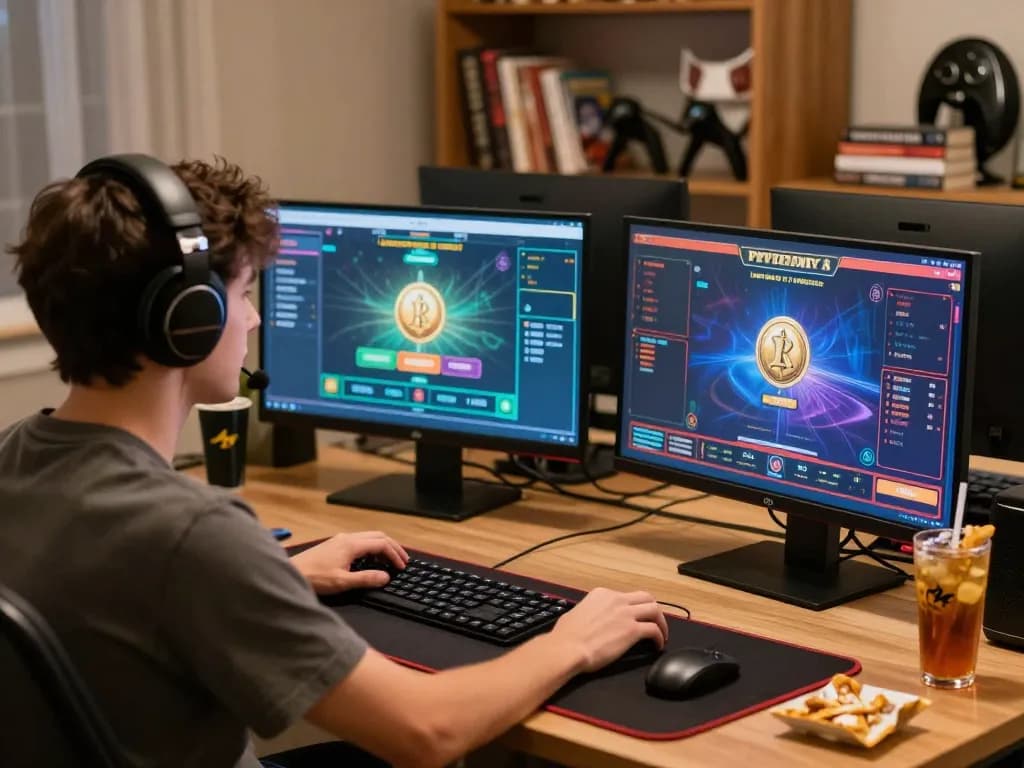 Engaging in an online crypto casino experience with multiple gaming screens displayed at a modern home desk setup.