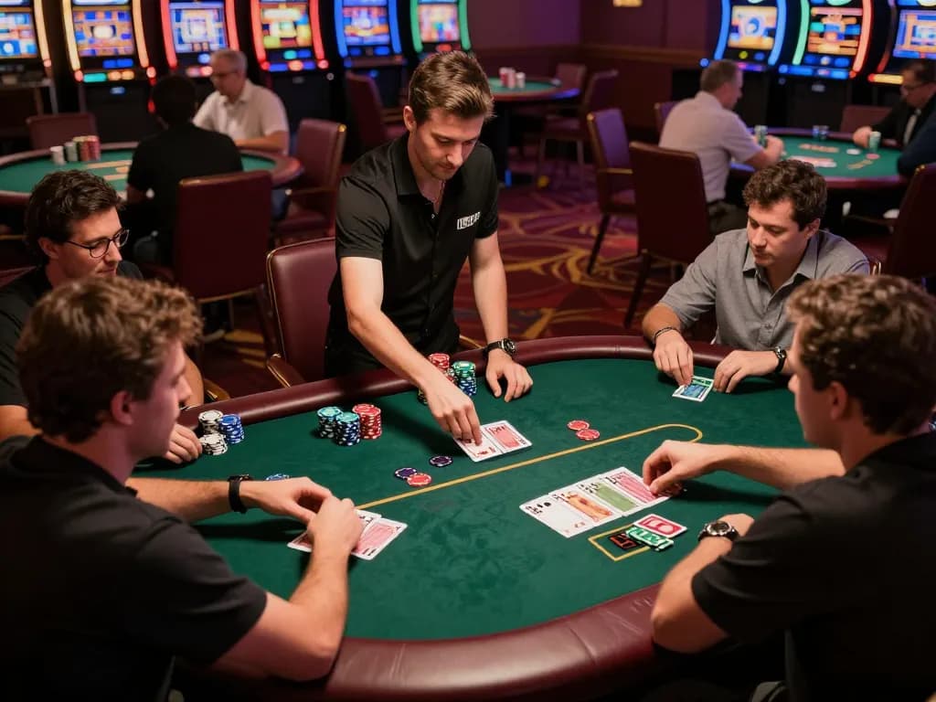Engaging poker game at a vibrant casino featuring players in action, capturing the excitement of gincal gaming strategies.