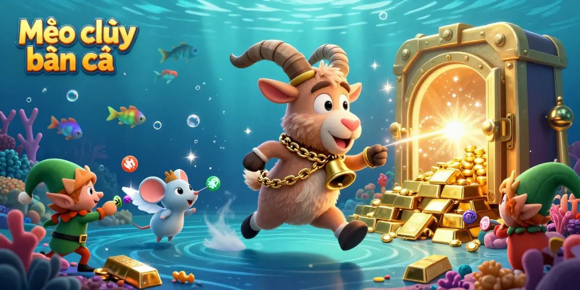 Mẹo chơi bắn cá strategy in an underwater fish shooting game with vibrant characters and treasure.