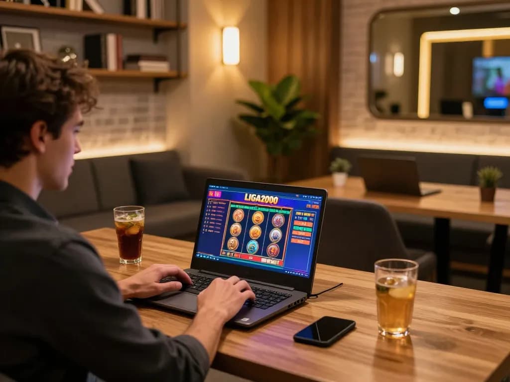 LIGA2000 player engaging in strategic slots gameplay at a modern online gaming desk