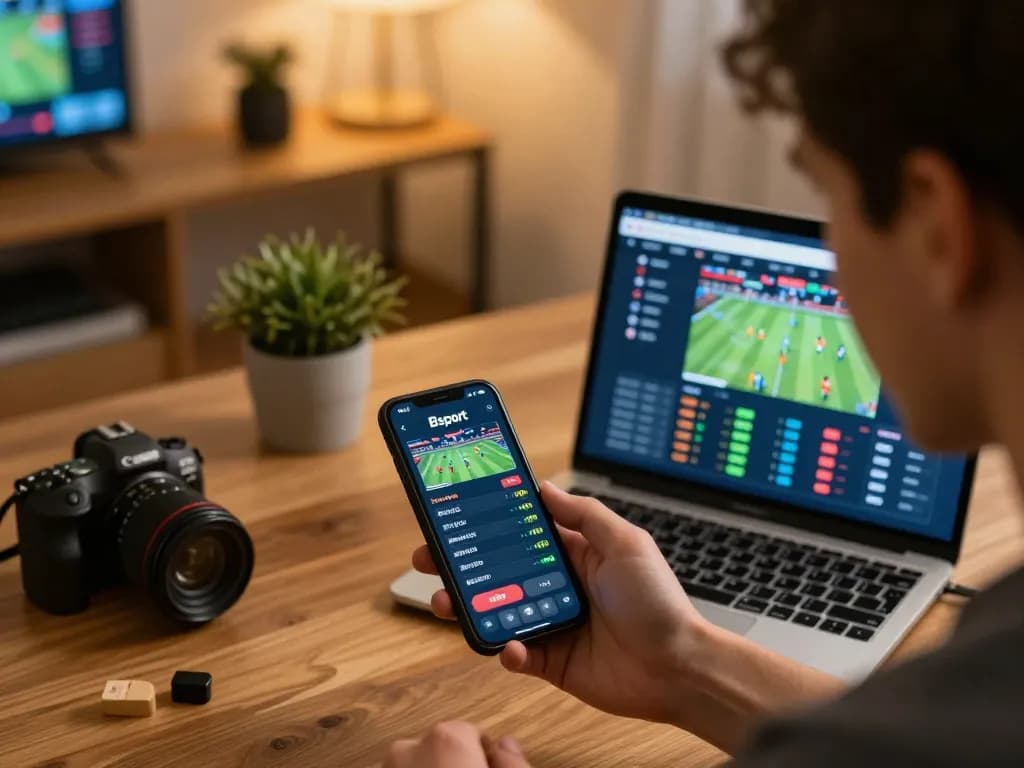 Bsport user analyzing live betting odds on smartphone while enjoying a home sports betting session.
