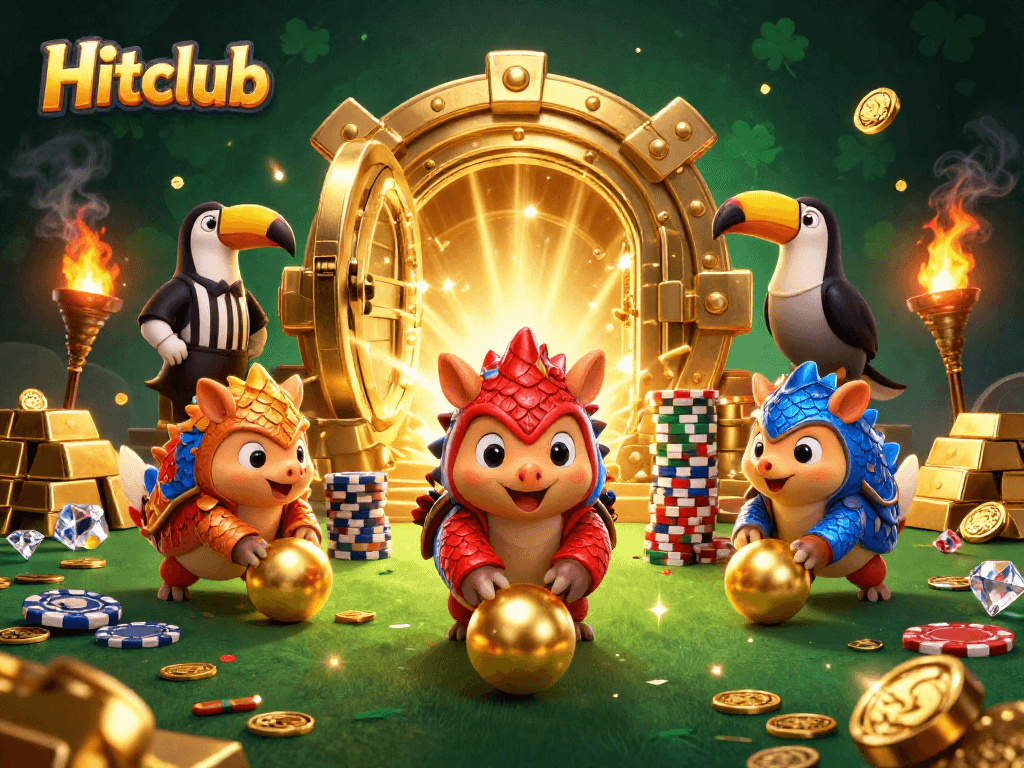 Experience the dynamic action of Hitclub as rival pangolins roll through poker chips in a dazzling casino scene.