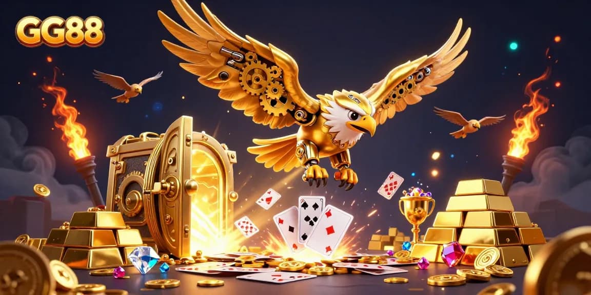Experience thrilling gameplay at GG88 with vibrant holographic cards and a golden eagle.