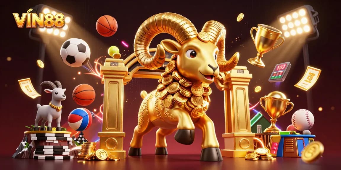 Engage with the thrilling world of VIN88 as a golden ram charges through a vibrant casino landscape filled with sports elements.