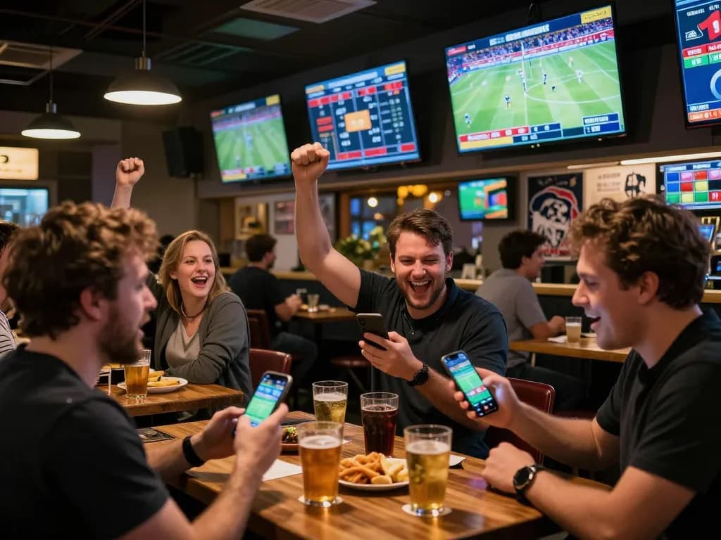 Active sports betting excitement at a bar featuring 9bet with patrons cheering for live events.