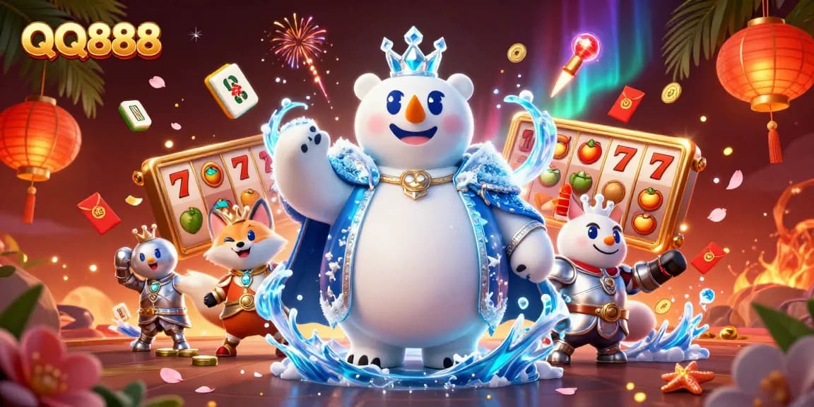 Join the excitement of QQ888 with a vibrant illustration showcasing a polar bear and fox in a thrilling casino scene.