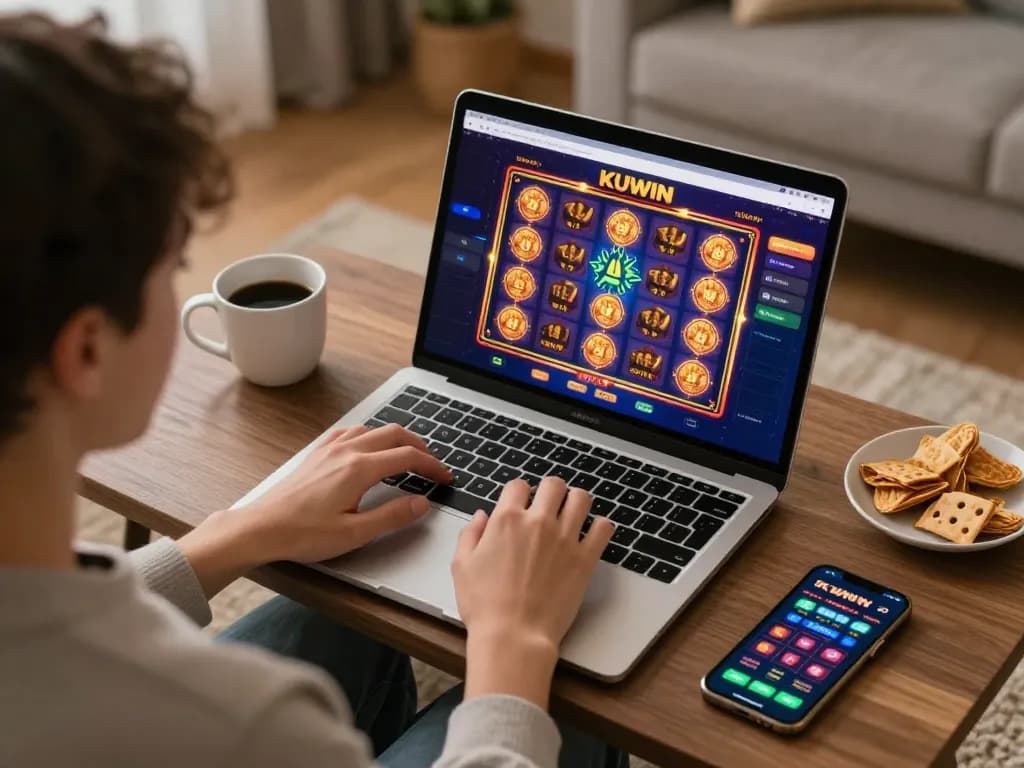 Kuwin player engaging with thrilling online slots during a cozy home gaming session.
