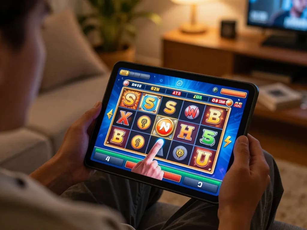 Engaging moment of situs slot gacor gameplay on a tablet, showcasing excitement and home comfort