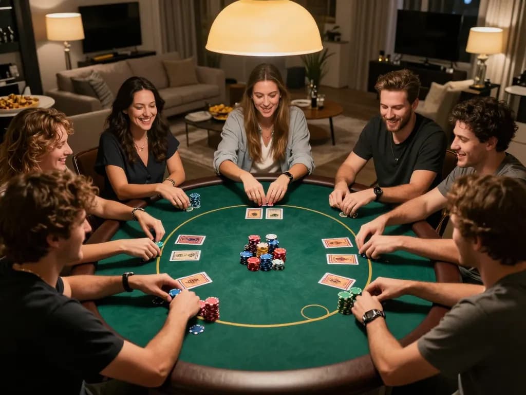 Friends enjoying a lively poker night with 68win ambiance, revealing strategies and fun.
