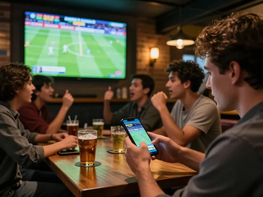 Place bets at website smartcityhostels using a smartphone while enjoying live sports at a vibrant sports bar.