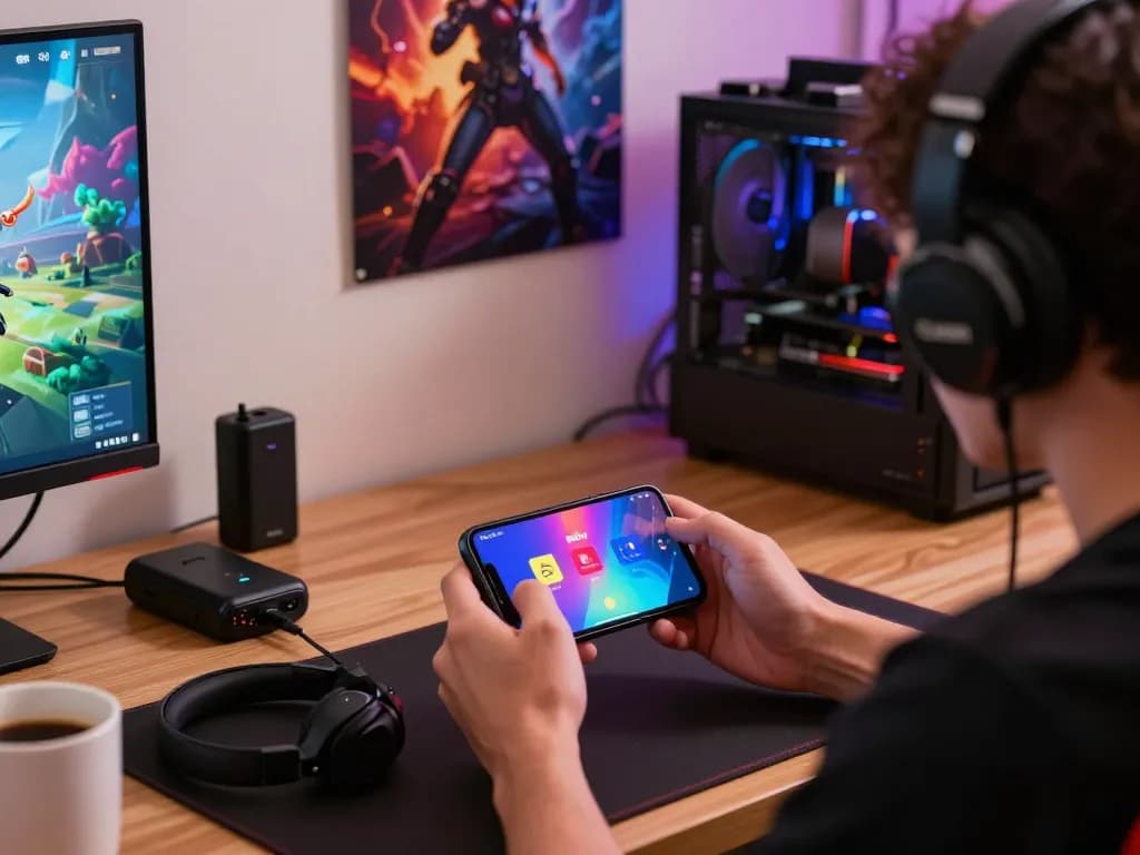A gamer downloading tải rikvip mới nhất on mobile in an engaging gaming environment.