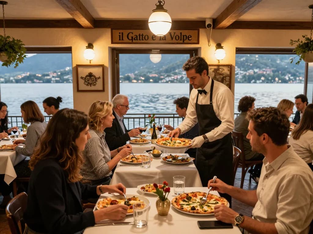 Guests savoring gourmet dishes at gattovolpelago's enchanting lakeside restaurant