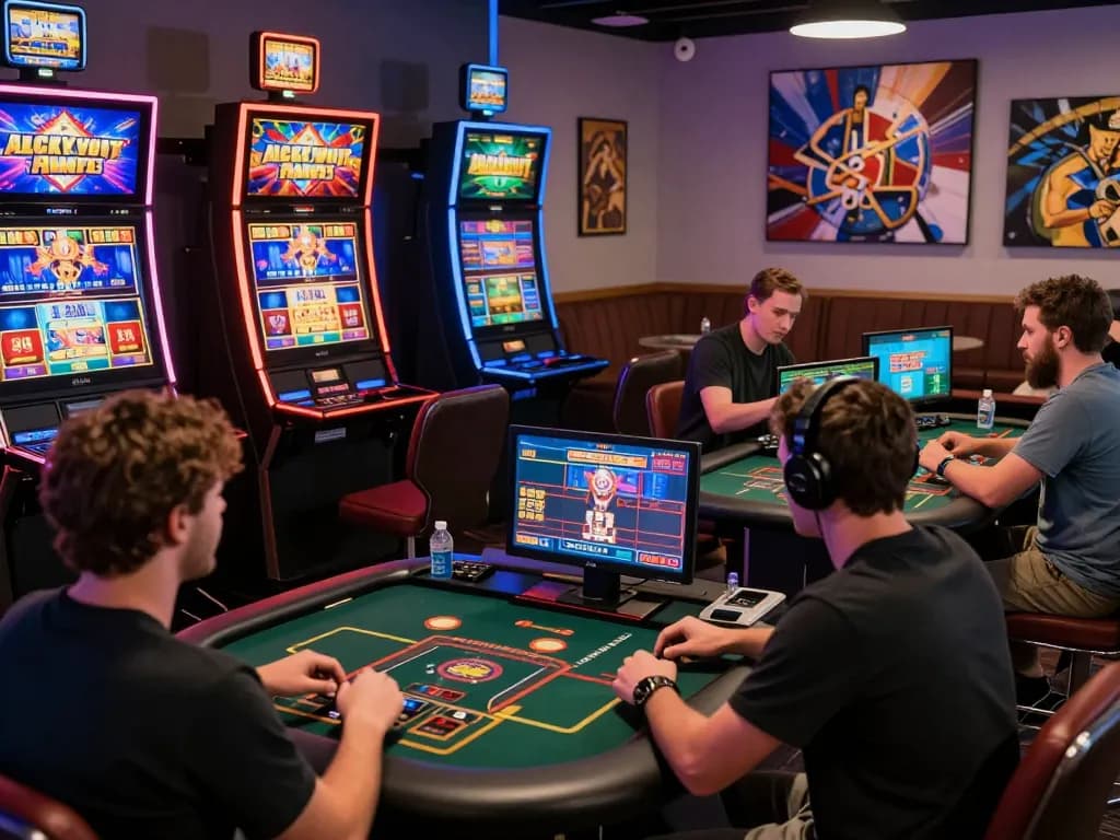 Engaged players enjoying online gaming at https://luckywin.free/ in a vibrant casino-like atmosphere.