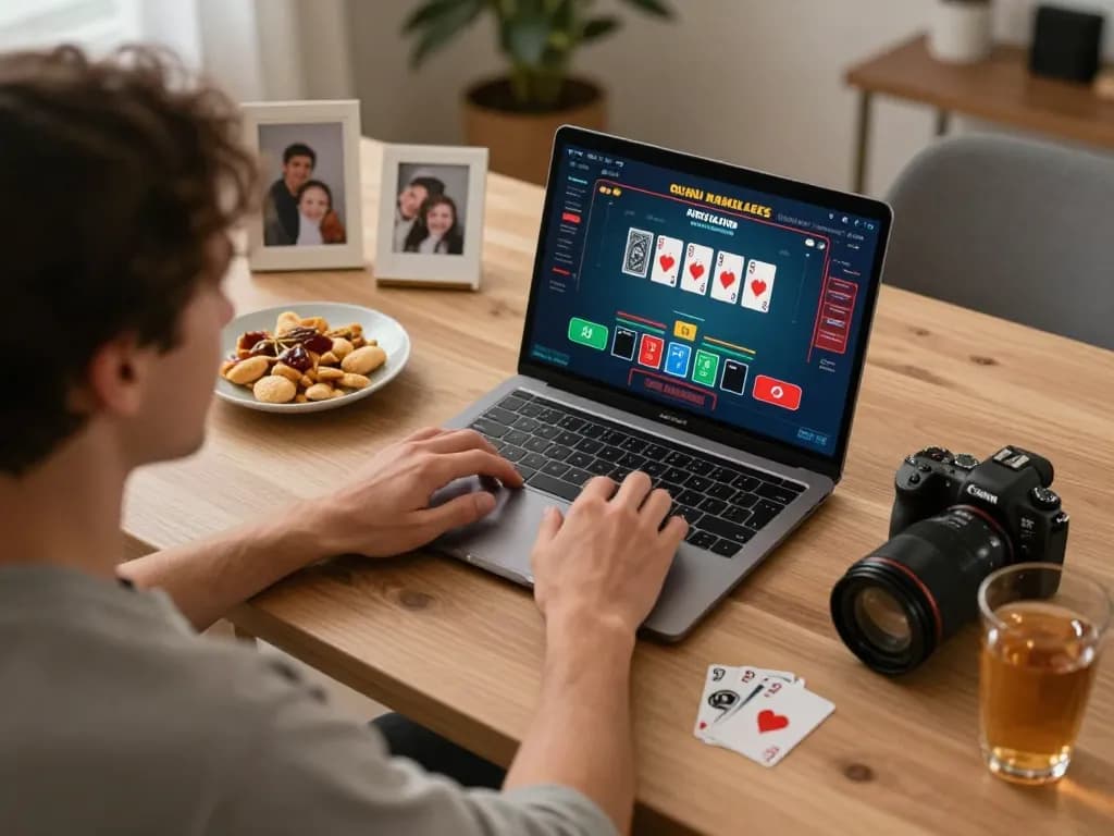 Engaging in goal123 online casino gameplay on a laptop with a cozy home atmosphere.