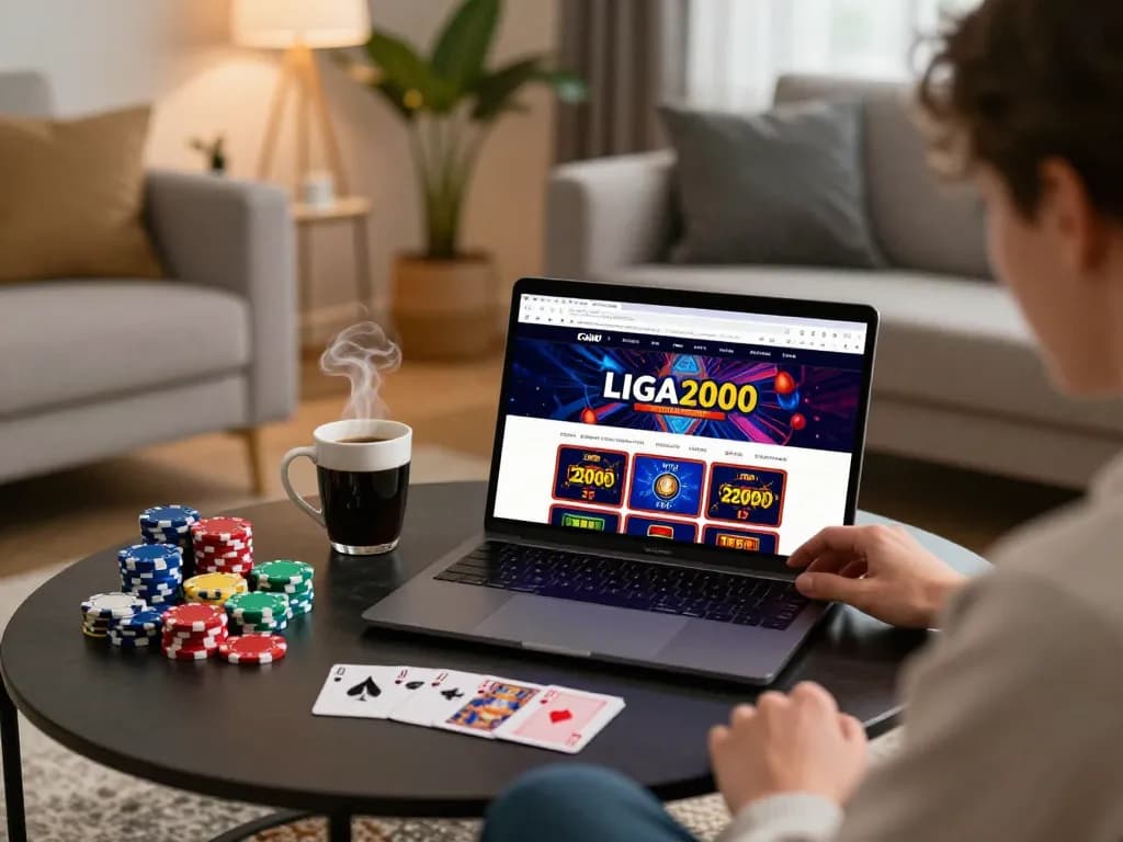 LIGA2000 player engaged in online slots gaming in a cozy living room.