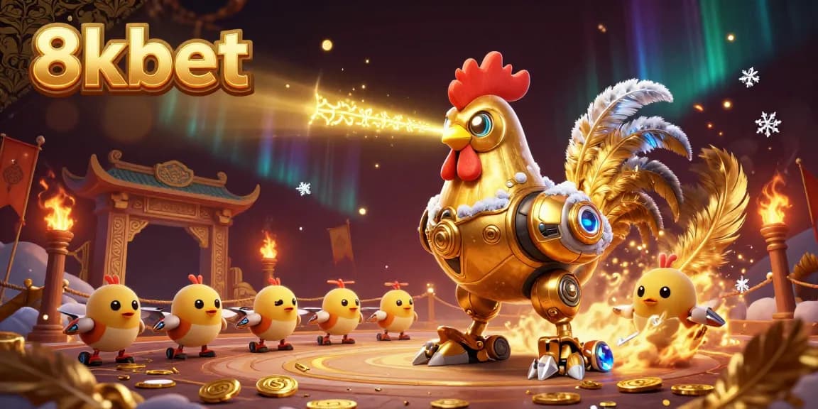 Experience thrilling action with 8xbet's golden rooster robot and baby chick drones in a vibrant casino scene.