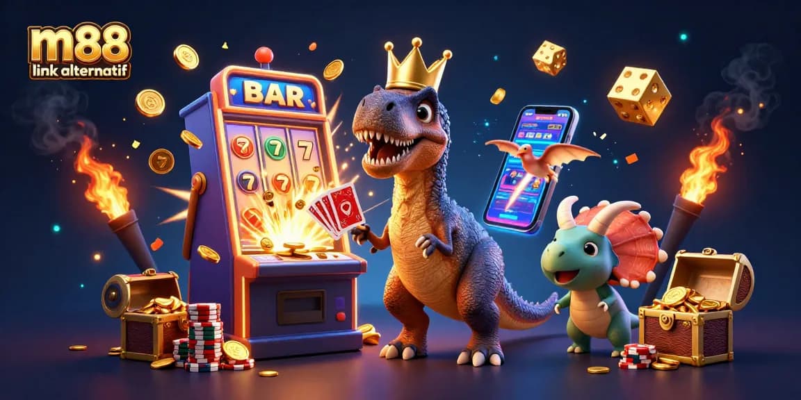 Experience the thrill of m88 link alternatif with a T-Rex shuffling cards and cartoon dinosaurs winning at casino games.