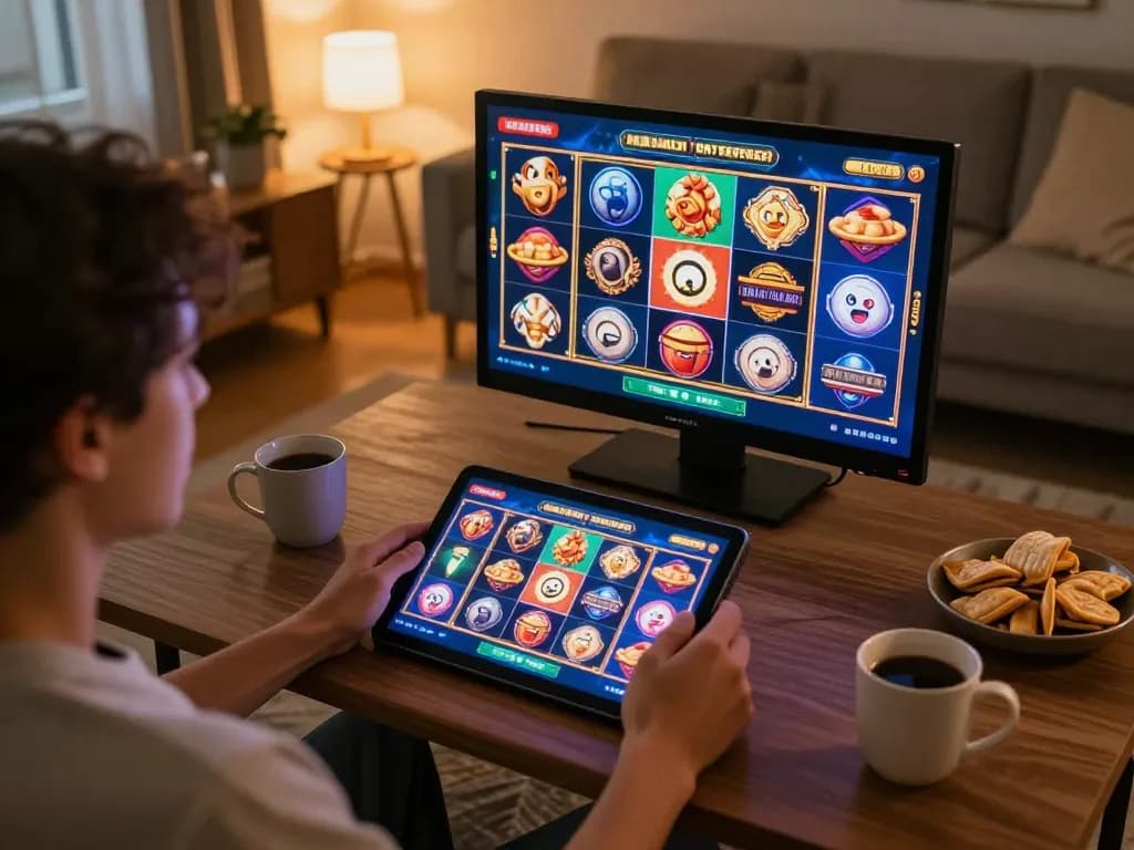 Engaging in a slot gacor game on a tablet in a cozy living room with snacks