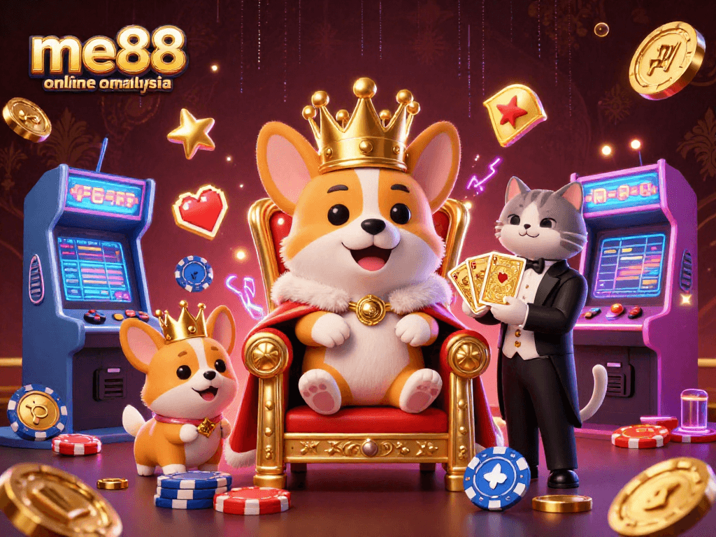 Experience gaming fun at me88 online casino Malaysia with royal corgi and colorful arcade action.