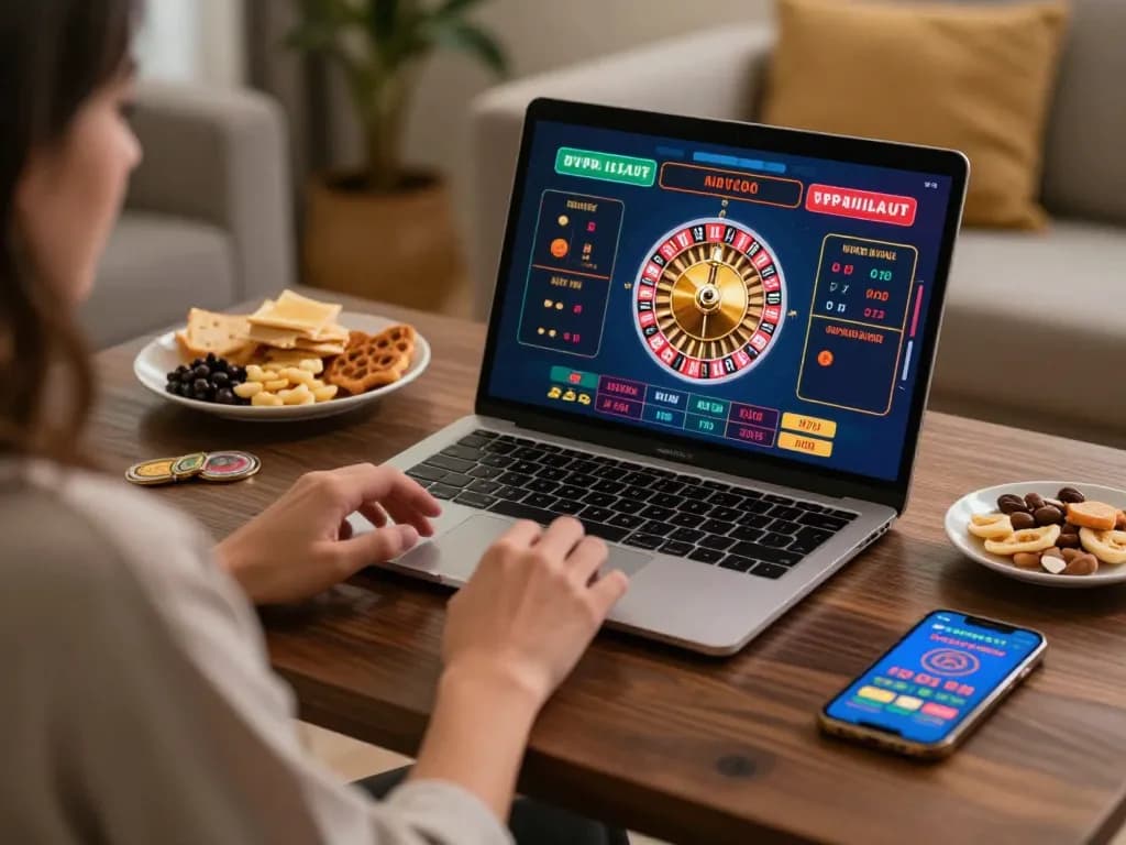 Engaging in online casinos in Canada with a live dealer roulette game on a laptop at home, promoting strategic gameplay