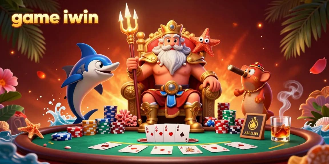 Play the exciting game iwin with vibrant characters and dynamic poker elements in this colorful illustration.