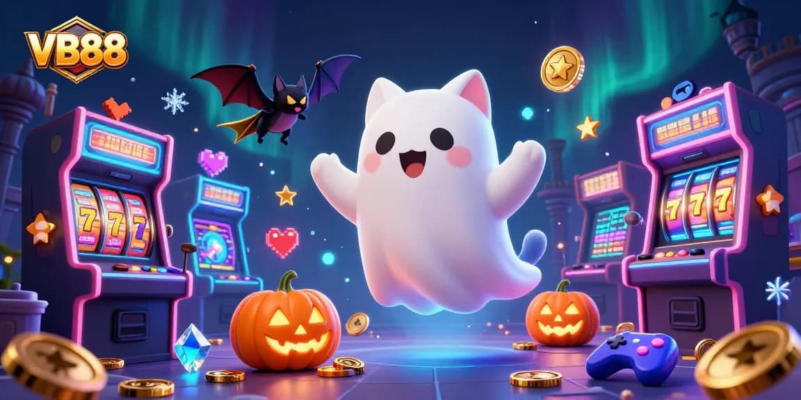 Join the excitement at VB88's haunted casino with a playful ghost cat, vampire bat, and glowing jack-o-lanterns.
