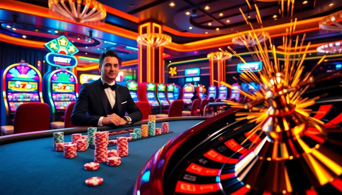 Experience the thrill of DEBET with vibrant casino visuals, showcasing poker and roulette excitement.