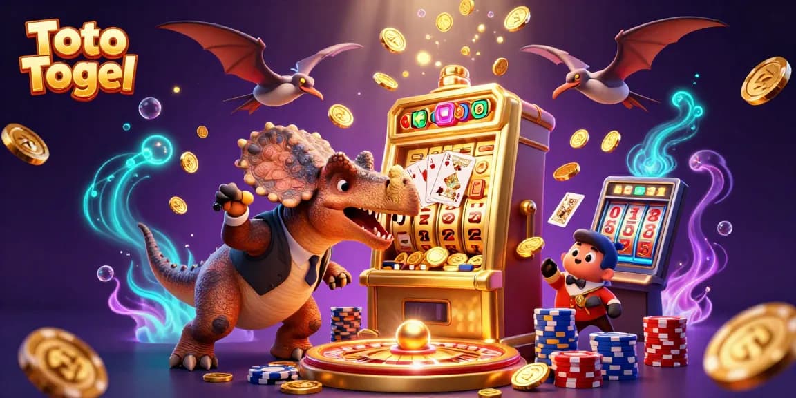 Permainan Toto Togel dengan dinosaurus yang beraksi meraih koin jackpot di mesin slot.