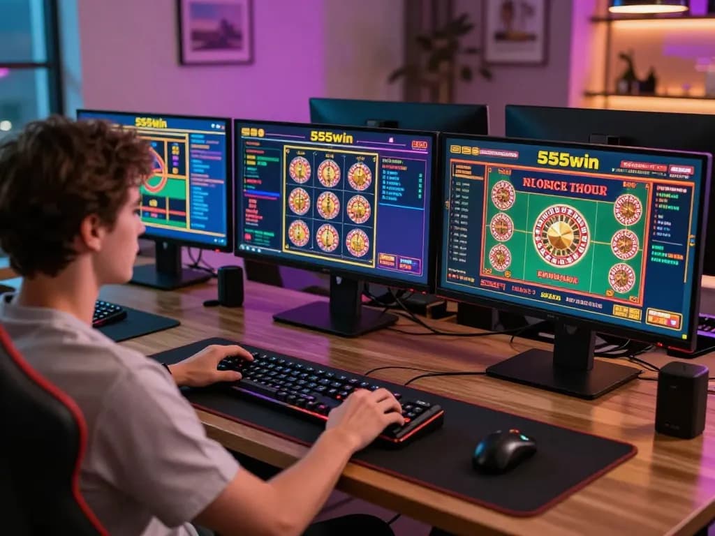 Person engaging in online gaming at 555win with multiple screens displaying casino games.