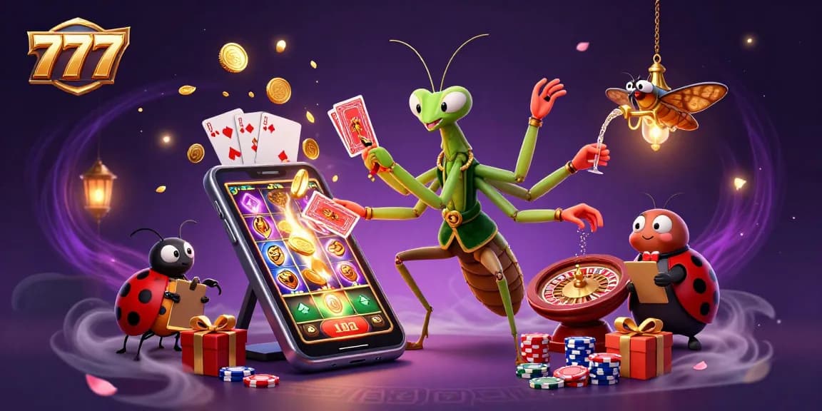 Experience thrilling gameplay with 777 as a giant praying mantis card sharp and ladybug pit boss manage the casino scene.