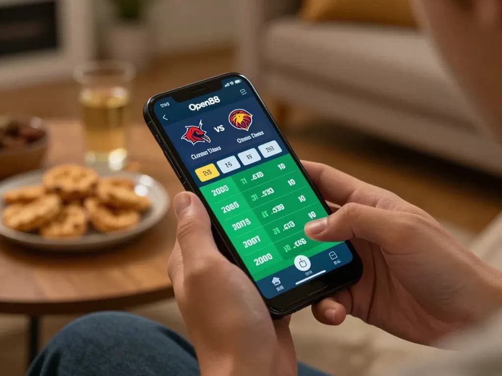 Place sports bets on Open88 using a smartphone, showcasing the convenience of online gambling.