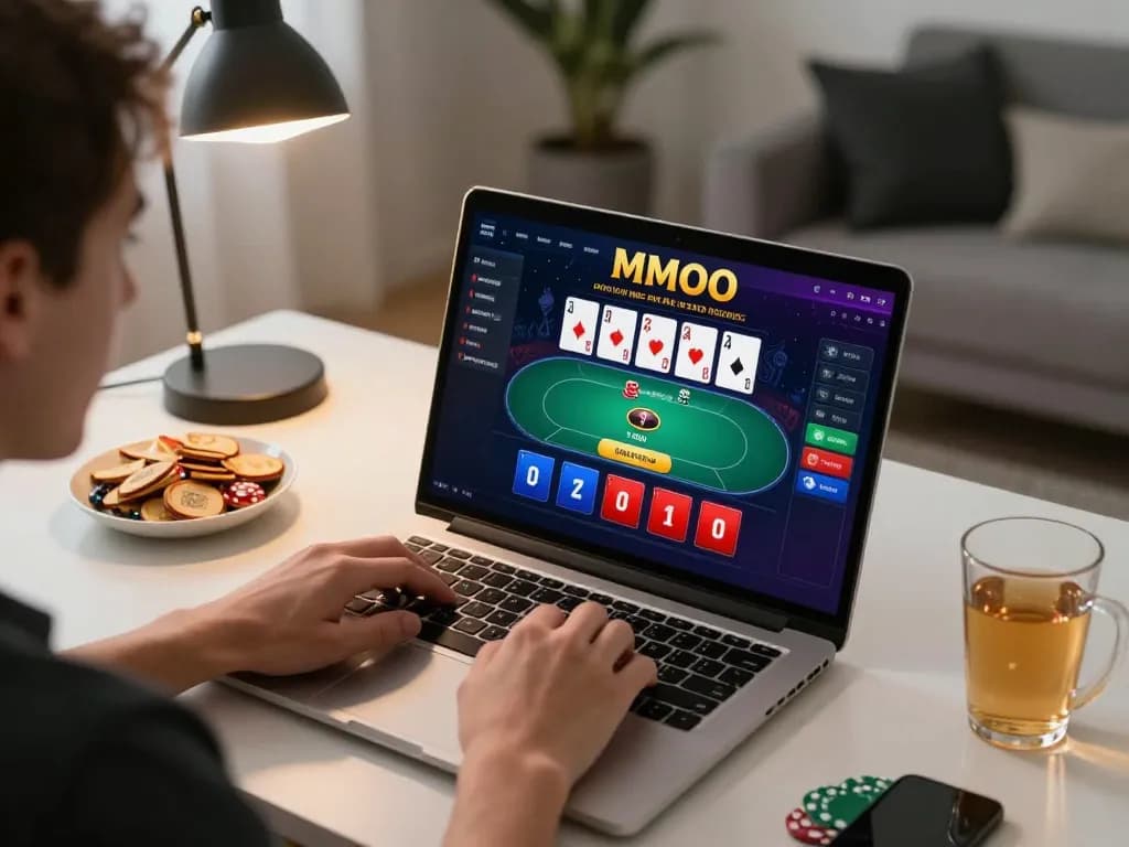 Player engaging with the MMOO online casino interface while planning strategies at home.