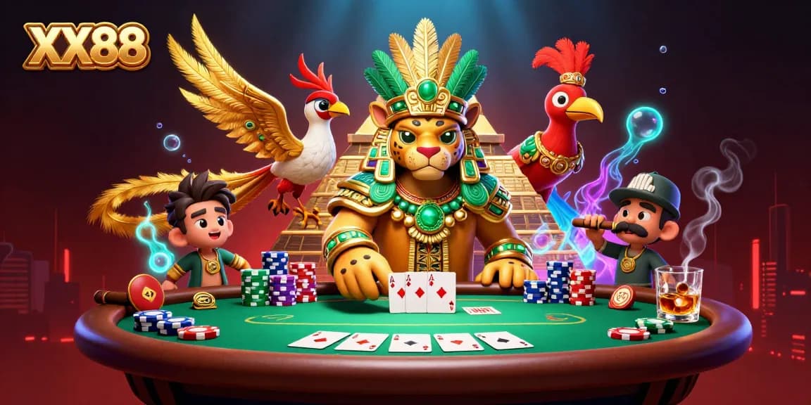 Experience thrilling gameplay with XX88's vibrant casino scene featuring a Mayan priest and poker elements.