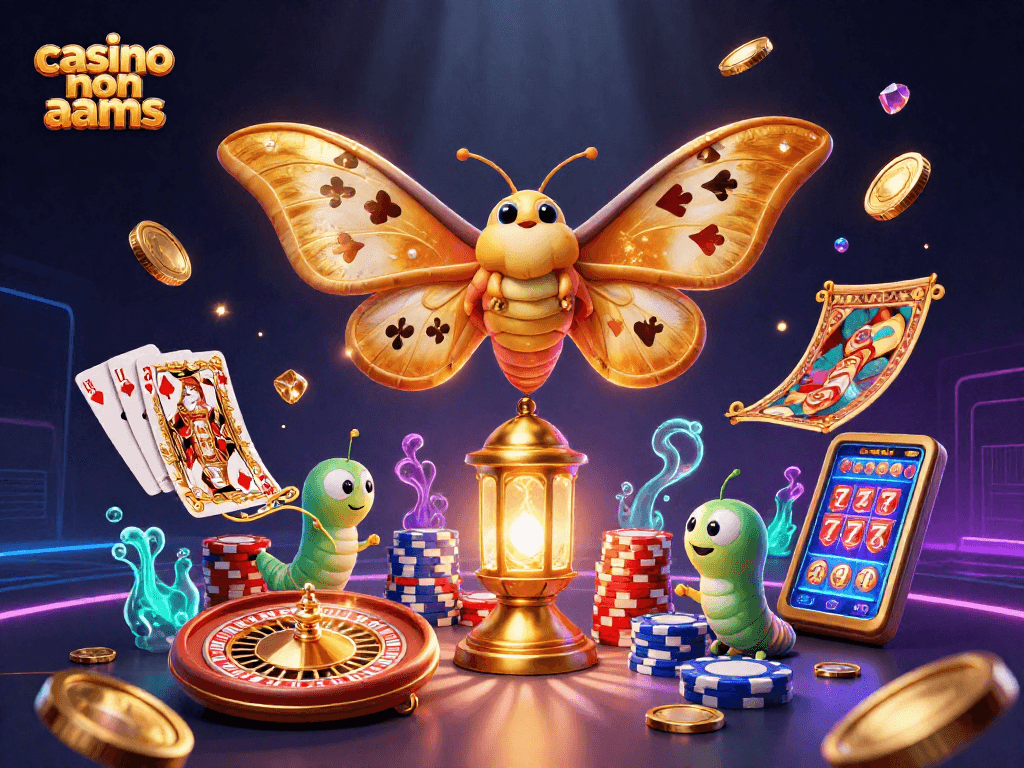 Vivi l'emozione del casino non AAMS con un elegante falena 3D e molteplici elementi di gioco, tra cui monete d'oro.