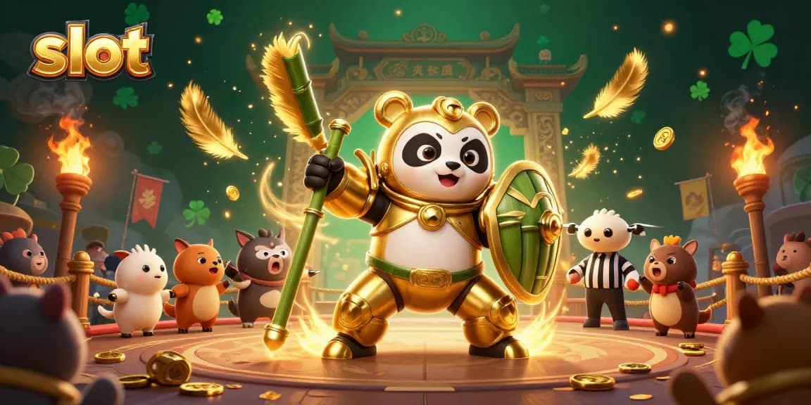 Experience thrilling slot action with a vibrant panda and bamboo robot in a dynamic casino arena.