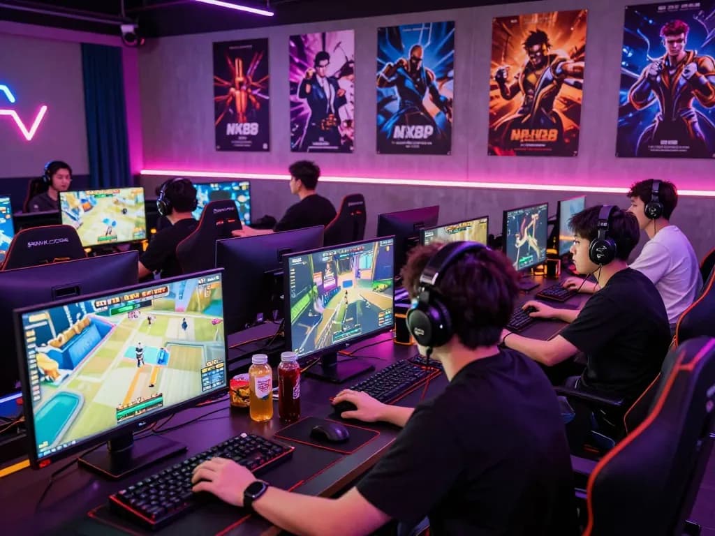 Engaged players at NK88 gaming session with vibrant graphics and snacks.
