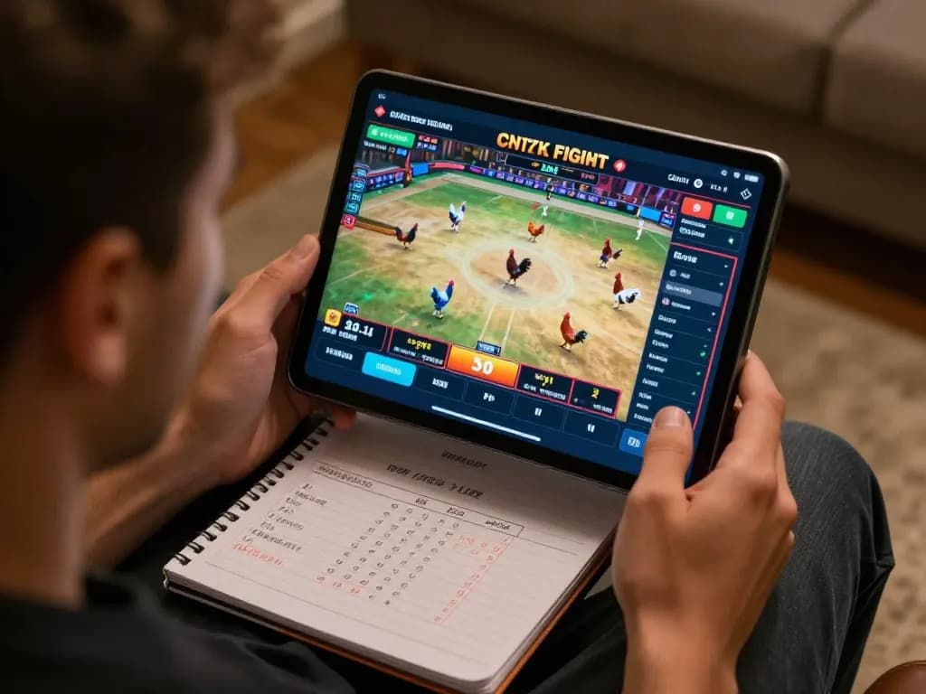 Engaging online cockfight with intense focus on đá gà trực tiếp thomo betting options displayed on tablet screen.