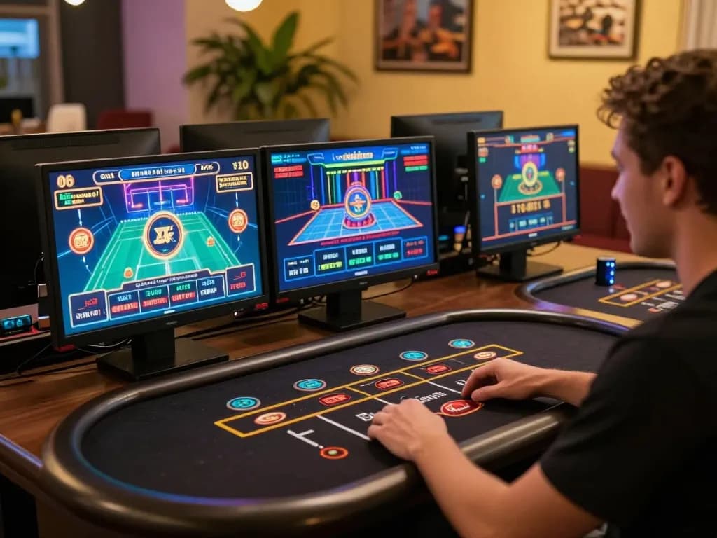FC88 online gaming setup showcasing live dealer excitement with vibrant screens and warm ambiance.